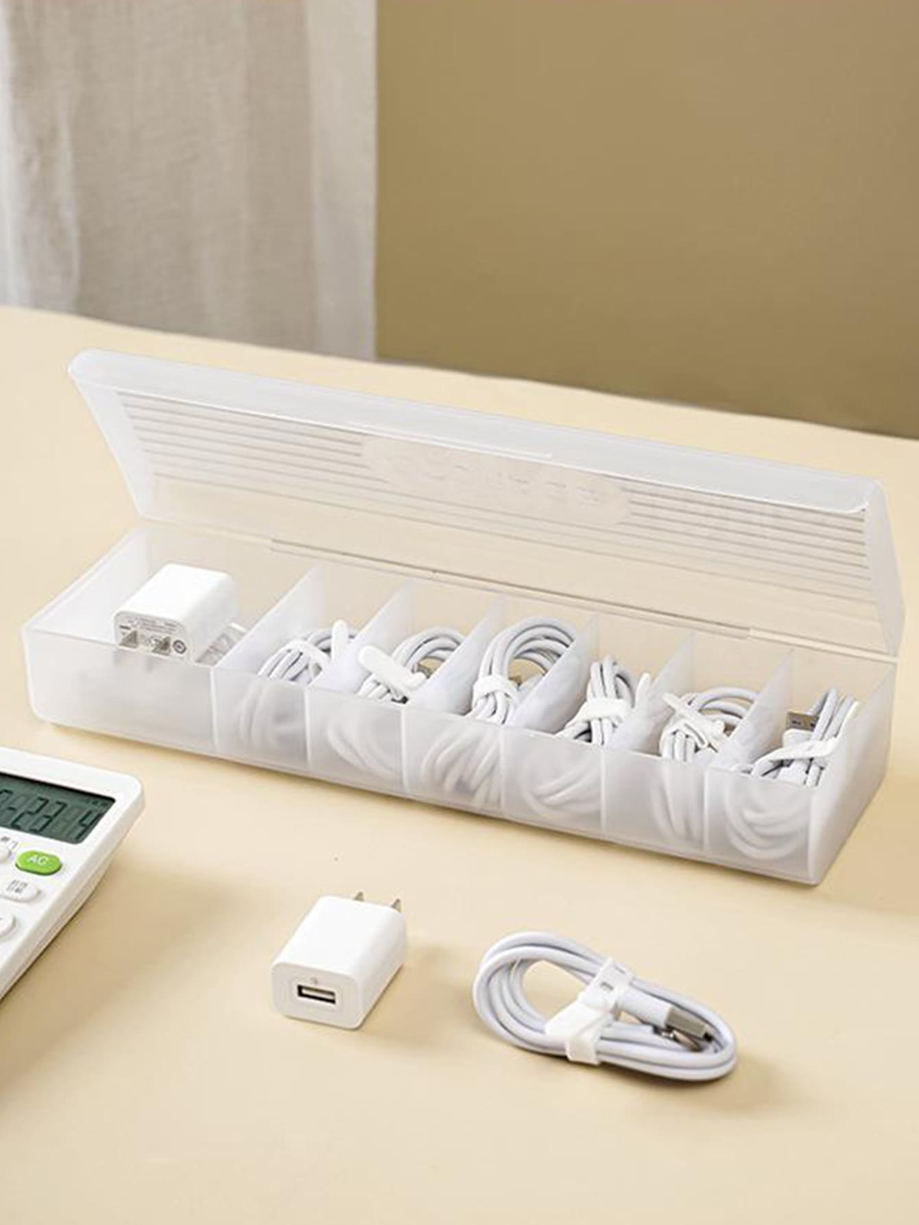 1pc Desktop Power Strip & Charger & Cable Organizer Box With Compartments, Transparent Data Line Storage Case - White - View 1