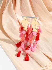 1 par de aretes largos de borlas con pompones bohemios, pendientes de gota hechos a mano para mujeres y niñas - Rosa - Ver 2