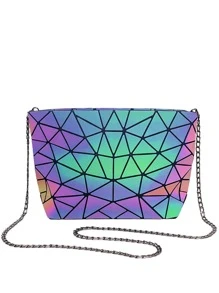 Holographic Geometric Pattern Chain Square Bag Lightweight Foldable Reflective Plaid Fashion Shoulder Bag Clutch Purses - Multicolor - View 1