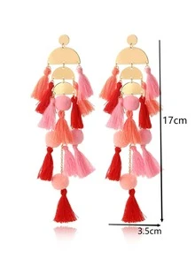 1 par de aretes largos de borlas con pompones bohemios, pendientes de gota hechos a mano para mujeres y niñas - Rosa - Ver 5