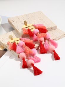 1 par de aretes largos de borlas con pompones bohemios, pendientes de gota hechos a mano para mujeres y niñas - Rosa - Ver 4