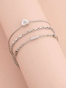 3pcs Stainless Steel Snake Chain & Alloy Heart Shape Pendant Women's Anklet Set Valentines,Mom,Mother,Mother's Day,Gift - Silver - View 2