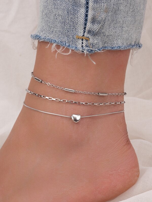 Set de 3 piezas de tobillera de mujer con cadena de acero inoxidable tipo serpiente y colgante con forma de corazón de aleación, perfecto como regalo para San Valentín, mamá, madre, Día de la Madre