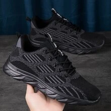 Lightweight Knit Shoes For Men, Solid Black Breathable Sneakers, Casual Running Shoes - Black - View 2