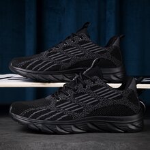 Lightweight Knit Shoes For Men, Solid Black Breathable Sneakers, Casual Running Shoes - Black - View 5