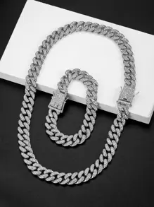 1套男女皆宜的個性化銀色13mm嘻哈風格全鑽厚項鏈和手鐲蝴蝶扣組合,街頭風格豪華全鑽厚鏈,適合女性日常穿著,附贈禮盒 - 銀色 - 查看 4