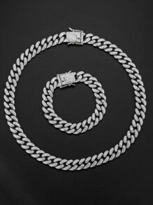 1套男女皆宜的個性化銀色13mm嘻哈風格全鑽厚項鏈和手鐲蝴蝶扣組合,街頭風格豪華全鑽厚鏈,適合女性日常穿著,附贈禮盒 - 銀色 - 查看 5