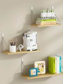 3pcs (with Adhesive Hooks) Simple Oak Wall Shelf Without Drilling, Wall Mounted Rack For Decoration And Storage - 黃色 - 查看 1