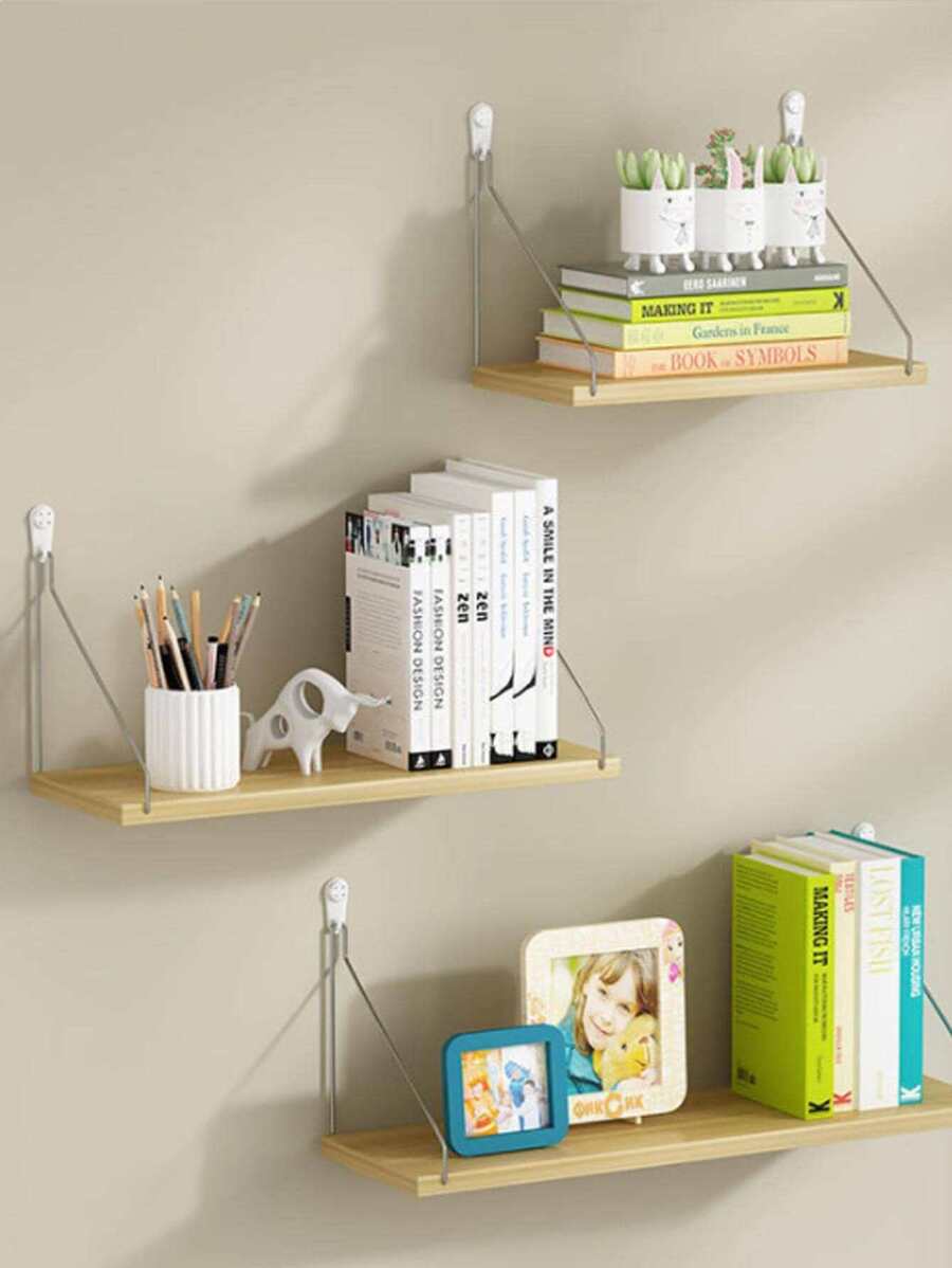 3pcs (with Adhesive Hooks) Simple Oak Wall Shelf Without Drilling, Wall Mounted Rack For Decoration And Storage - 黃色 - 查看 1