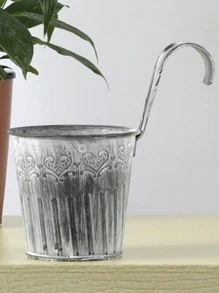 1入組鍍鋅錫桶，灰色仿舊飾面，白色磨砂，帶鉤柄和彎鉤