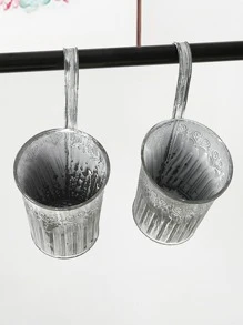 1入組鍍鋅錫桶，灰色仿舊飾面，白色磨砂，帶鉤柄和彎鉤