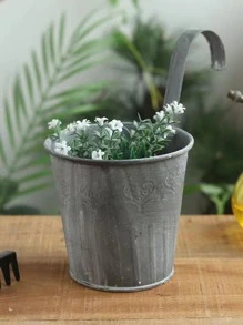 1入組鍍鋅錫桶，灰色仿舊飾面，白色磨砂，帶鉤柄和彎鉤