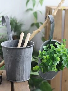 1入組鍍鋅錫桶，灰色仿舊飾面，白色磨砂，帶鉤柄和彎鉤