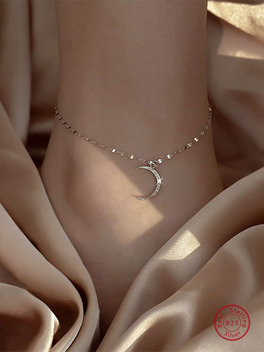 1入組奢華&ins風寒冷銀S925月亮形狀純銀腳錬適合女士,可調尺寸,禮品適用於日常穿著,配件