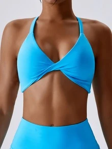 Women's Solid Color Hollow-Out Twist Front Sports Bra - Baby Blue - View 4