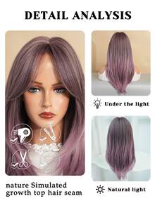 7JHH WIGS 粉色紫色渐变色合成假发，适合日常聚会，长直发分层假发，带刘海，女士耐热假发，24 英寸 - 紫色 - 查看 7