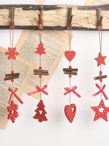 1入組紅色聖誕主題木製掛飾,帶有圓點、星星、聖誕樹、蝴蝶結和心型圖案 - 彩色 - 查看 2