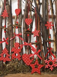 1入組紅色聖誕主題木製掛飾,帶有圓點、星星、聖誕樹、蝴蝶結和心型圖案 - 彩色 - 查看 3