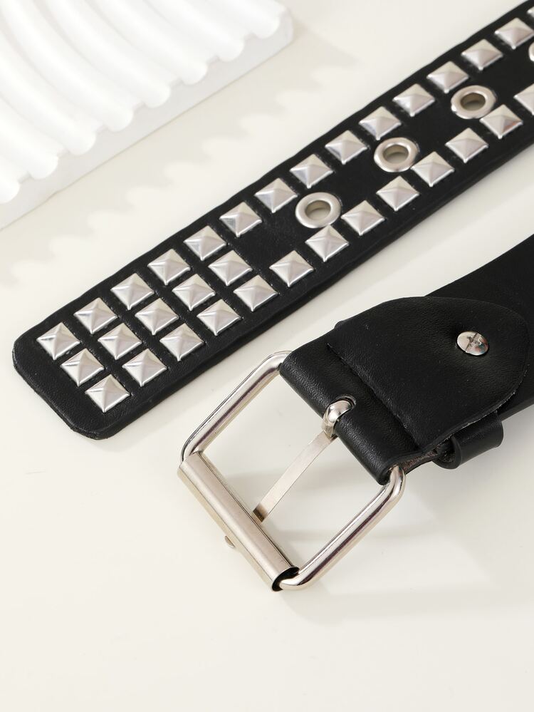 街頭女性鑲嵌裝飾金屬扣朋克腰帶，適用於日常生活 - 黑色 - 查看 3
