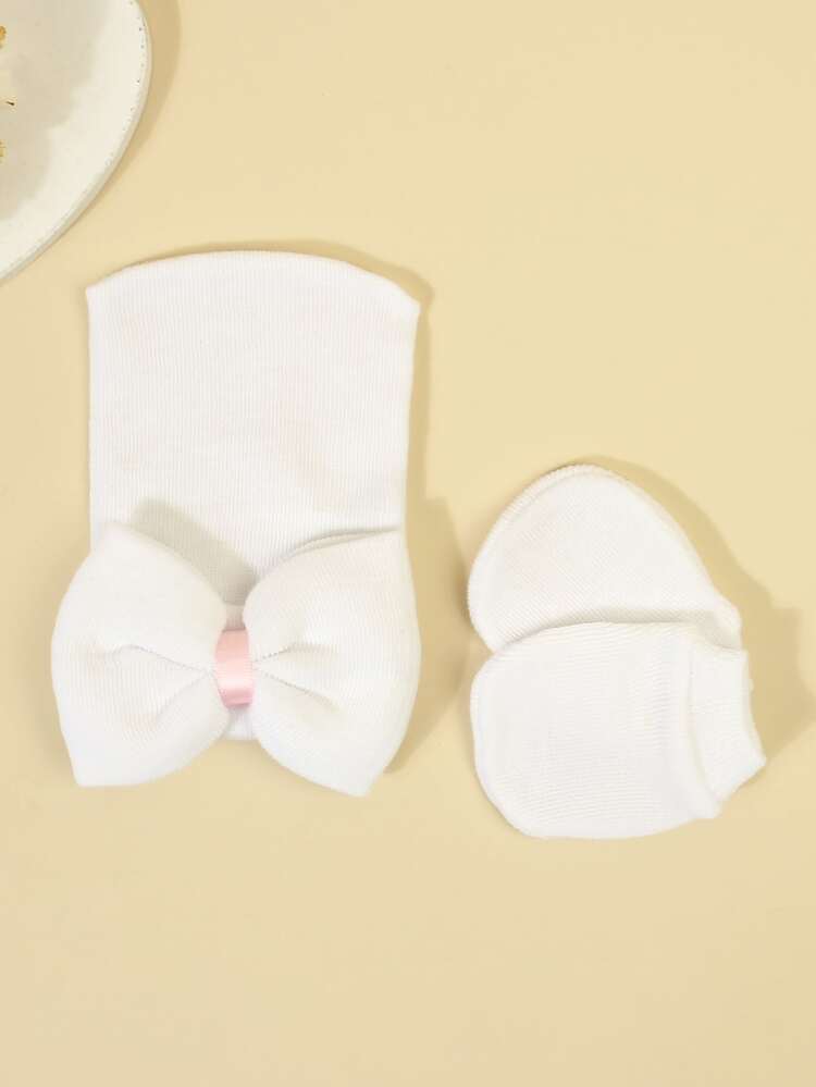 1set Newborn Baby Hat & Gloves, Bow Knot Decoration, High Elasticity, Breathable, Hospital Cap, 0-3 Months