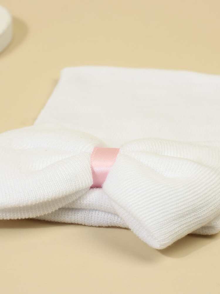 1set Newborn Baby Hat & Gloves, Bow Knot Decoration, High Elasticity, Breathable, Hospital Cap, 0-3 Months
