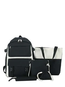 件/套帆布高中背包，設計時尚，適合十幾歲的男孩和女孩，非常適合旅行、存放書籍和日常使用 - 黑色 - 查看 8