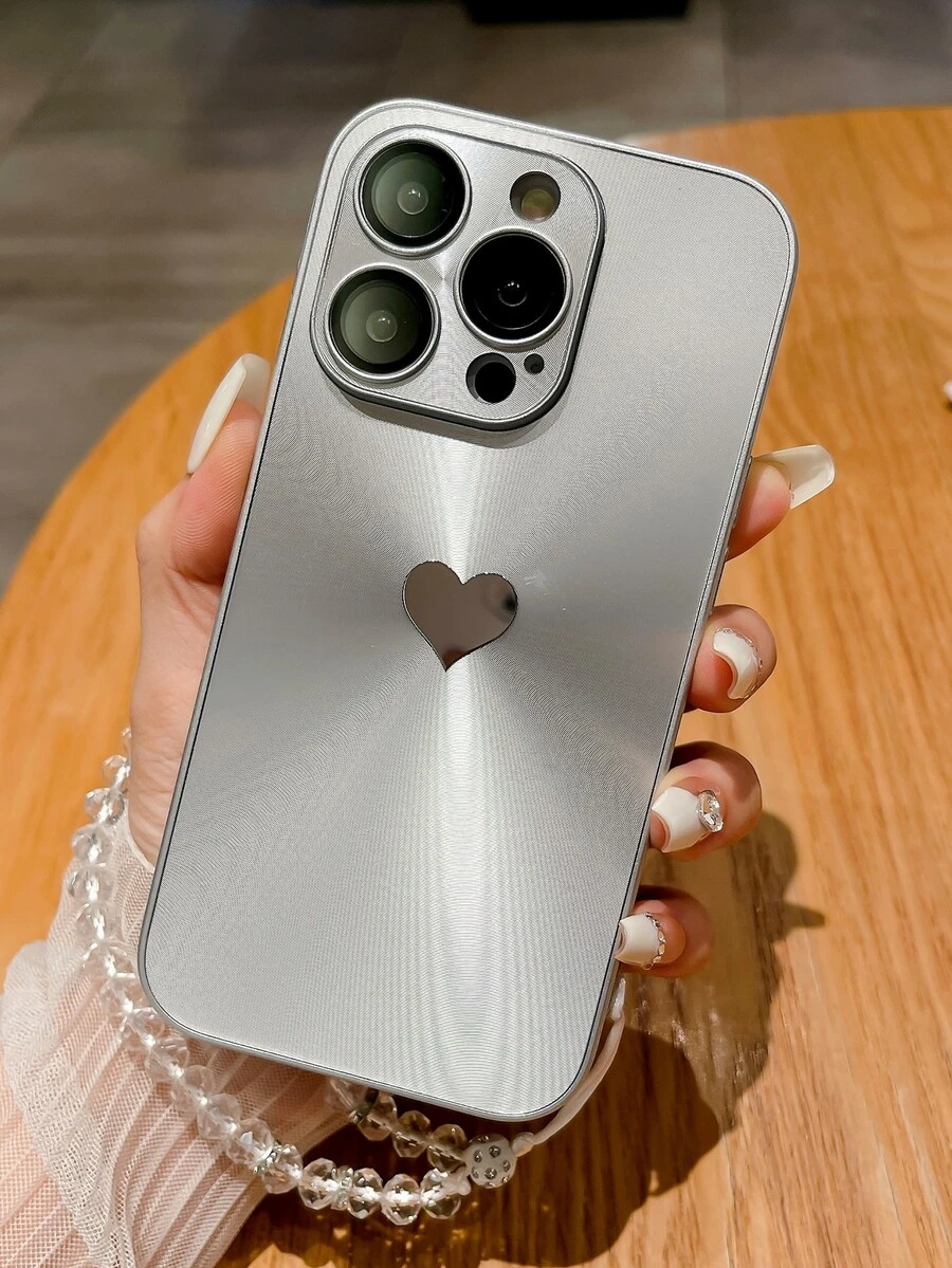 新時尚pc硬質殼,具有激光cd紋理,高清玻璃透鏡膜,抗跌落設計,金屬心形裝飾和清晰珠鏈,手機保護套 - 銀色 - 查看 1