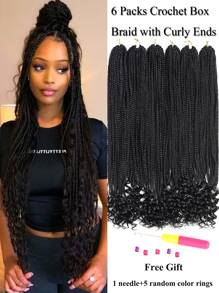 6 Packs Black Pre Looped Crochet Box Braids Hair with Curly Ends Goddess Synthetic Hair Extensions with 1 Needle plus 5 Rings - Black - View 1
