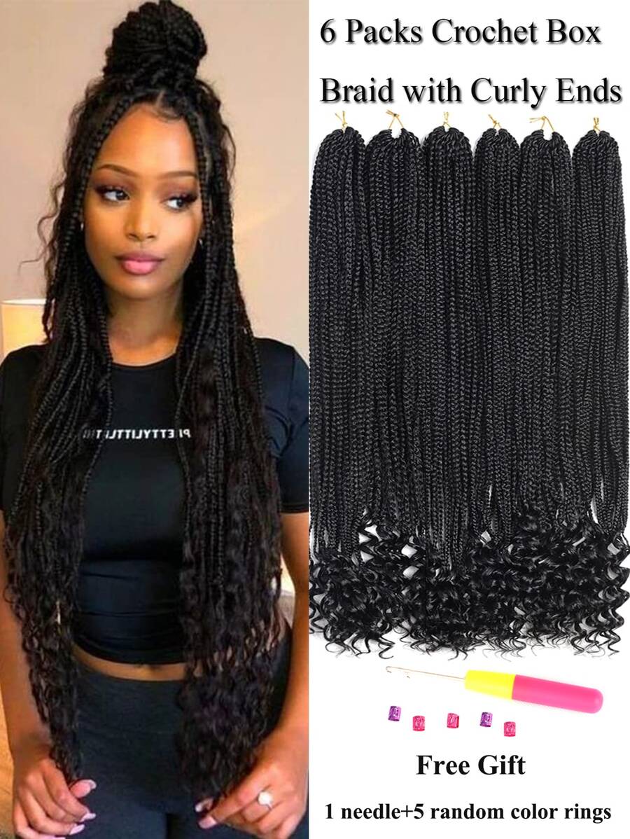 6 Packs Black Pre Looped Crochet Box Braids Hair with Curly Ends Goddess Synthetic Hair Extensions with 1 Needle plus 5 Rings - Black - View 1