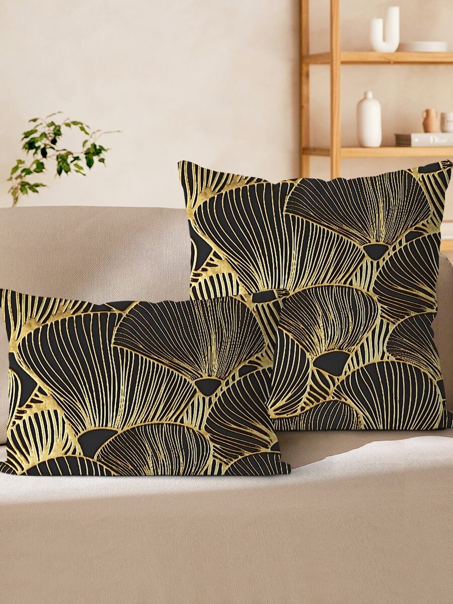 1pc Short Plush Geometric Gold Printed Pillowcase - Multicolor - View 1