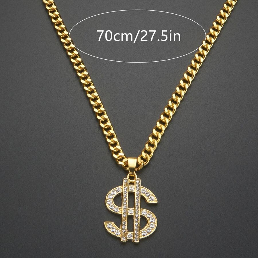金色男士嘻哈美式美元符號籃球鑽石吊墜項鍊潮流說唱歌手珠寶鏈項鍊 - 金色 - 查看 1