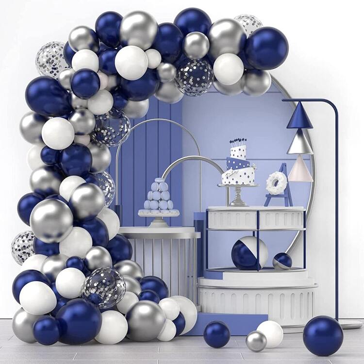 120pcs Navy Blue, Metallic Silver And Multicolor Confetti Latex Balloons Combo Set, Suitable For Graduation Ceremony, Birthday, Wedding, Anniversary, Celebration Events, Party Decoration - Navy Blue - View 1