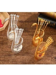 Hợp kim kẽm Thiên nga & Trái cây & Bánh Hình dạng Bộ dao kéo Với Hộp trữ , Bao gồm Muỗng cà phê Và Cái nĩa , Màu bạc - Bạc - Xem 7