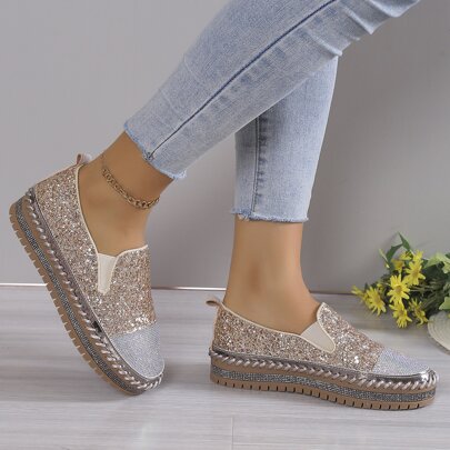 Women's Flat Glitter Loafers With Thick Soles, Spring/Summer New, Slip-On Rhinestone Detailing Shoes