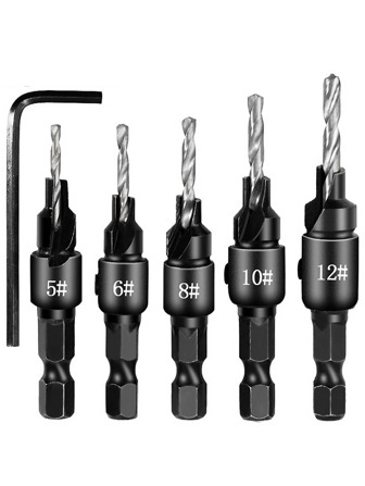 5入組/套鈦塗層沉頭鑽頭木工鑽頭套裝鑽孔洞適用於螺絲尺寸#5#6#8#10#12