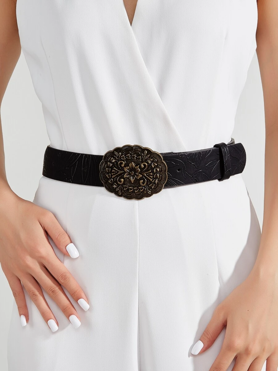 1入復古黑牡丹花紋雕刻金屬腰帶扣,女士腰帶,與牛仔褲搭配效果更佳 - 黑色 - 查看 1