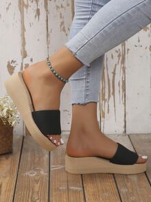 Women's Thick Sole One-Strap Faux Linen Slide Sandals, Suitable For Beach, Home, Daily Wear, Summer Vacation