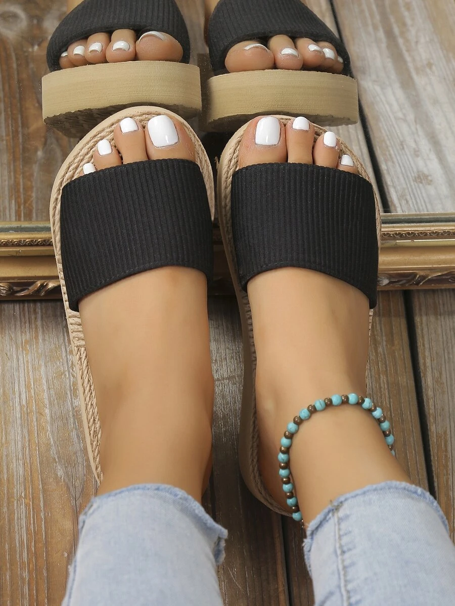 Women's Thick Sole One-Strap Faux Linen Slide Sandals, Suitable For Beach, Home, Daily Wear, Summer Vacation