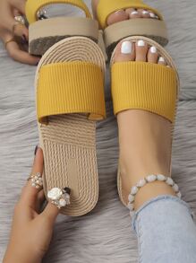 Women's Thick Sole One-Strap Faux Linen Slide Sandals, Suitable For Beach, Home, Daily Wear, Summer Vacation