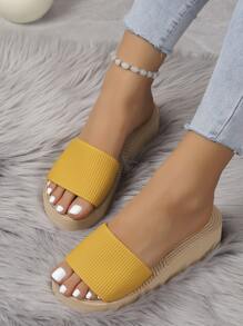 Women's Thick Sole One-Strap Faux Linen Slide Sandals, Suitable For Beach, Home, Daily Wear, Summer Vacation