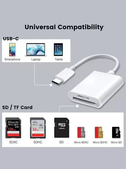 2IN 1 USB C ל-SD, קורא כרטיסי זיכרון מסוג Micro SD, מתאם קורא כרטיסים מסוג C לכרטיסי SD עבור התקני סוג C. תומך ב-Compact Flash/CF/SD/MicroSD עבור טאבלטים, מחשבים ניידים והתקני USB-C אחרים. Plug & Play SD/TF (Micro SD) חריצי כרטיסים כפולים, הכנסה והסרה קלה, תואם עם SD, SDHC, SDXC, MicroSD, MicroSDHC, MicroSDXC, מתאים למצלמות Dash, מצלמות שבילים וכרטיסי זיכרון של מצלמה דיגיטלית."