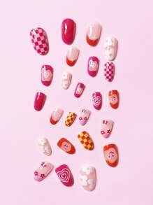 24pcs Short Round False Nails With 1pc Nail File And 1pc Jelly Glue Press On Nails Nail Supplies - Multicolor - View 3