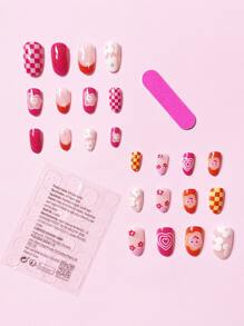 24pcs Short Round False Nails With 1pc Nail File And 1pc Jelly Glue Press On Nails Nail Supplies - Multicolor - View 2