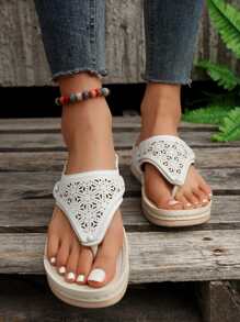 Fashionable & Versatile Simple Style Wedge Heel Slip-on Slippers With Toe Ring