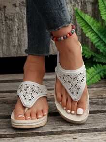 Fashionable & Versatile Simple Style Wedge Heel Slip-on Slippers With Toe Ring