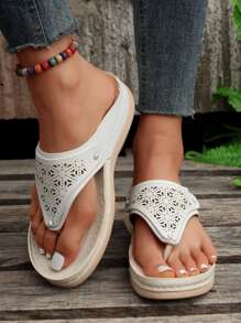 Fashionable & Versatile Simple Style Wedge Heel Slip-on Slippers With Toe Ring