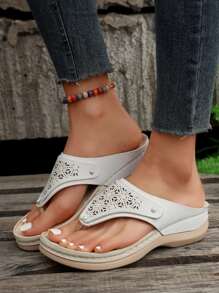 Fashionable & Versatile Simple Style Wedge Heel Slip-on Slippers With Toe Ring