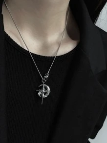1pc Fashionable Star & Moon Pendant Necklace - Silver - View 2