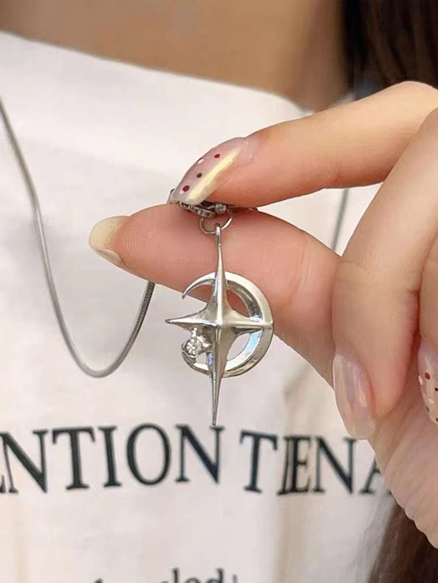1pc Fashionable Star & Moon Pendant Necklace - Silver - View 1