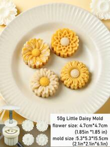 Set, Daisy Shape Moon Cake Mold, Including 1pc Mold And 4pcs Stamp, Flower Shape DIY Hand Press Cookie Stamps, Moon Cake Maker, Mid Autumn Festival Pastry Tools, Baking Tools, Kitchen Gadgets, Kitchen Accessories, Home Kitchen Items